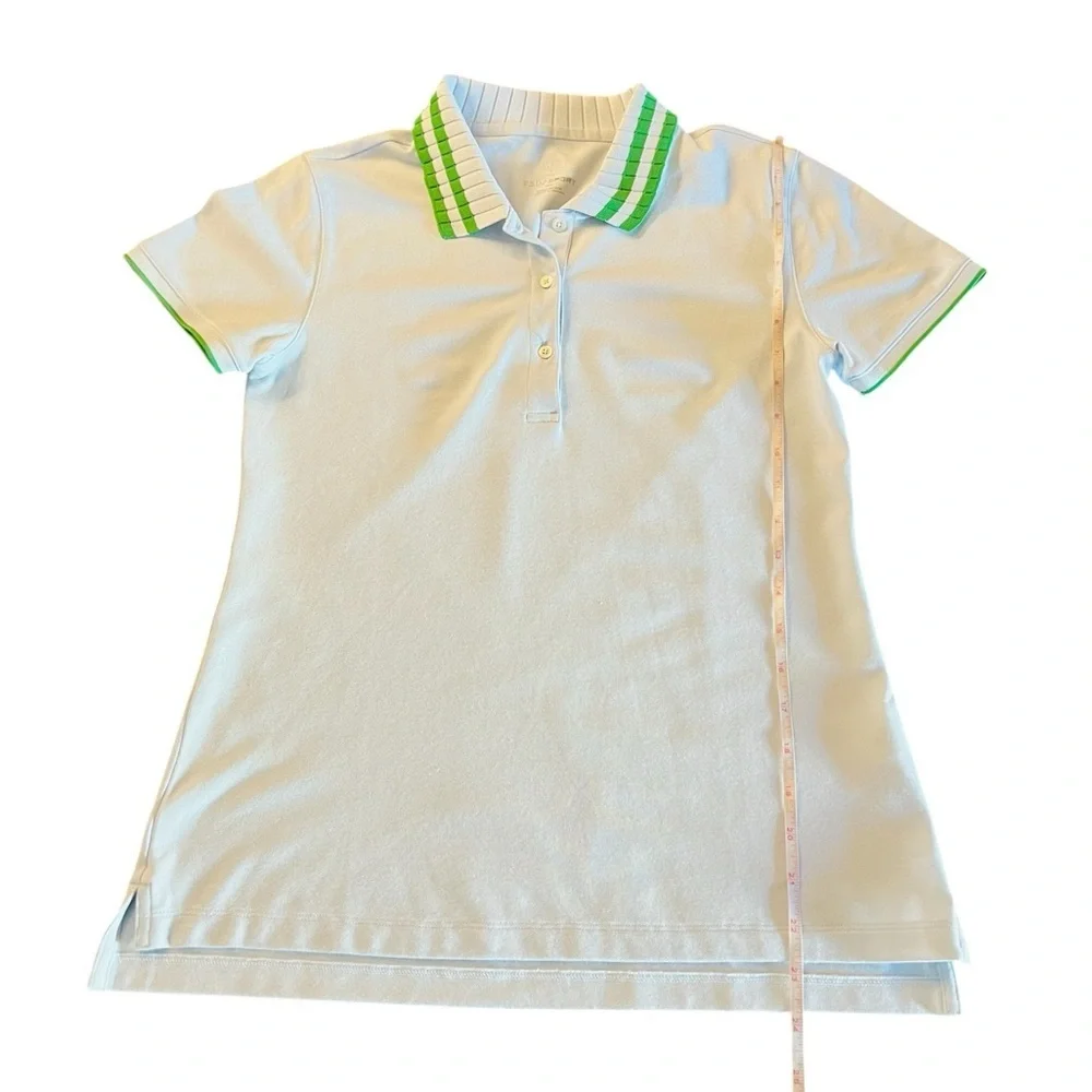 Tory Burch Women's Light Blue Polo Shirt with Green Accents Size Medium